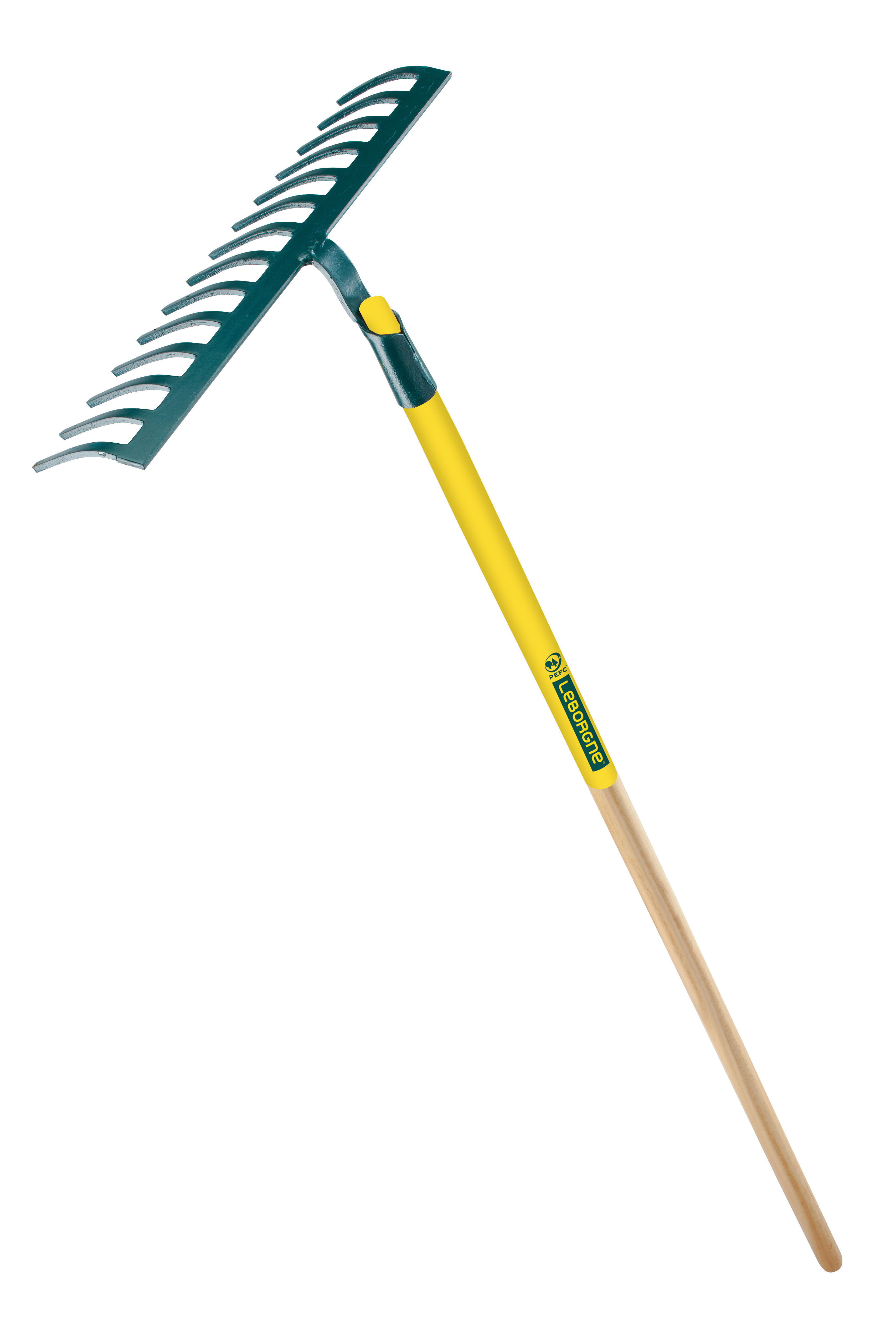 2 Geschmiedeter Kies-Rechen mit 14 gebogenen Zinken mit Stiel aus 100%
PEFC-zertifiziertem Holz (150 cm)